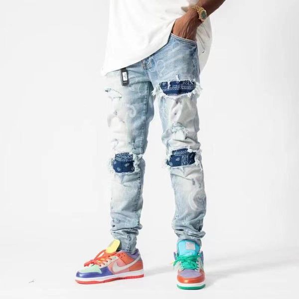 men's jeans high-quality high street trend to do the old knee patch american-style loose little feet ripped men, Blue
men's jeans high-quality high street trend to do the old knee patch american-style loose little feet ripped men, Blue