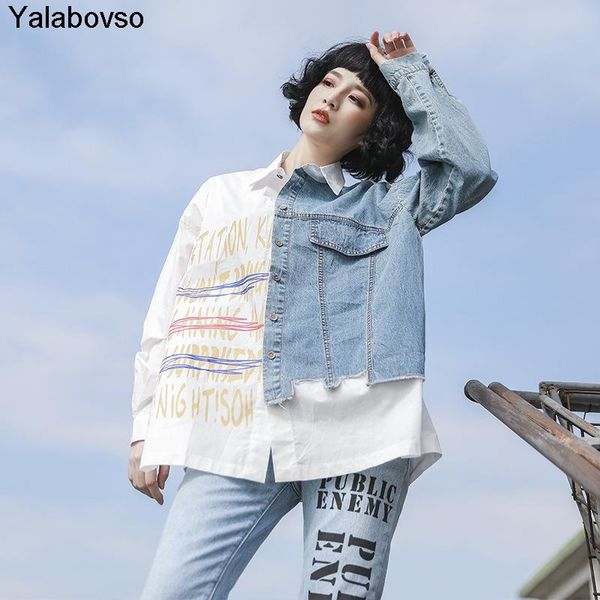 women's blouses & shirts 2021 autumn long-sleeved printed white shirt thin all-match denim stitching contrast color fashion blouse fema 
women's blouses & shirts 2021 autumn long-sleeved printed white shirt thin all-match denim stitching contrast color fashion blouse fema