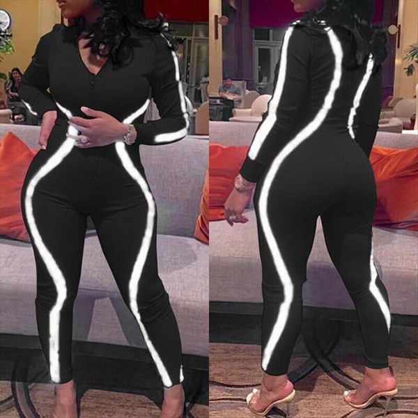 bodycon stripe zipper long sleeve womens jumpsuits playsuits clubwear trousers plus size 2xl, Black;white 
bodycon stripe zipper long sleeve womens jumpsuits playsuits clubwear trousers plus size 2xl, Black;white