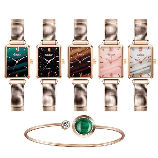 bangle ladies watch alloy mesh band small green trend square head quartz + bracelet watches gift, Black