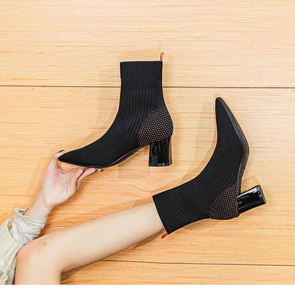 dress shoes 2021 autumn winter high-heeled socks and boots women's mid calf boot tip elastic fabric thin heel, Black
dress shoes 2021 autumn winter high-heeled socks and boots women's mid calf boot tip elastic fabric thin heel, Black