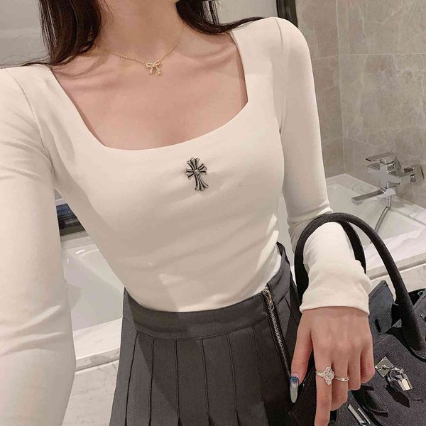 new square necked t-shirt female winter autumn and net red cross decoration bottom, slim 3 colors, White 
new square necked t-shirt female winter autumn and net red cross decoration bottom, slim 3 colors, White
