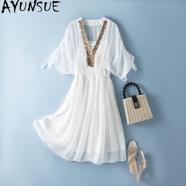 party dresses ayunsue 100% silk dress woman white summer midi for women vimtage beach famale vestiti donna estate sqq34, White;black
party dresses ayunsue 100% silk dress woman white summer midi for women vimtage beach famale vestiti donna estate sqq34, White;black