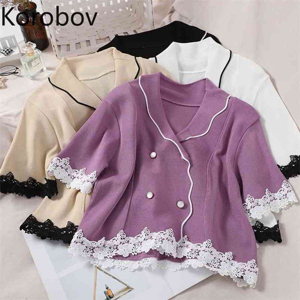 korobov fashion age-reducing sweet contrast color wave doll lapel wild knit sweater female stitching lace short sleeve cardigan 210430, White
korobov fashion age-reducing sweet contrast color wave doll lapel wild knit sweater female stitching lace short sleeve cardigan 210430, White