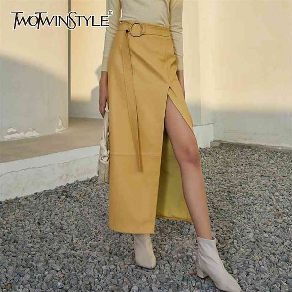 pu leather split skirt for women high waist sashes solid minimalist midi skirts female spring fashion 210521, Black
pu leather split skirt for women high waist sashes solid minimalist midi skirts female spring fashion 210521, Black