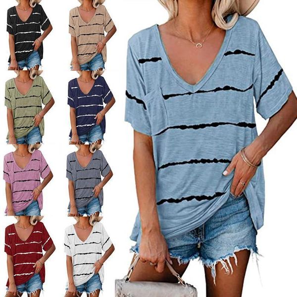 women's t-shirt european and american clothing tie-dye loose striped printed v-neck pocket short sleeve for women, White
women's t-shirt european and american clothing tie-dye loose striped printed v-neck pocket short sleeve for women, White