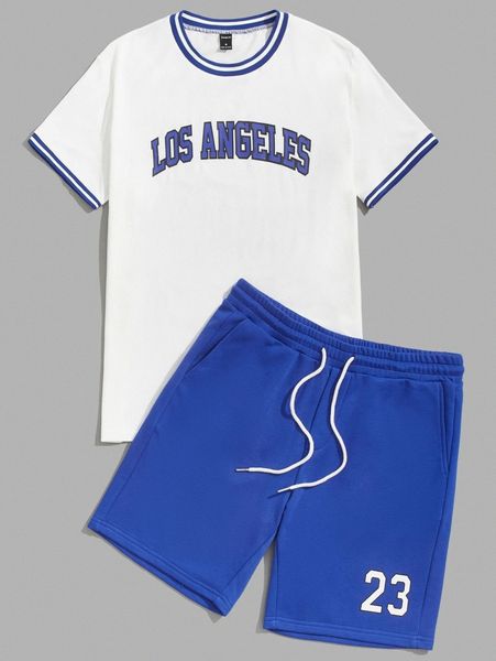 men letter graphic striped tee & drawstring shorts set x3b1#, Gray