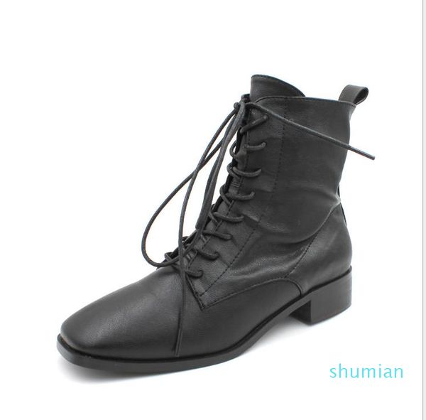 martin boots female 2019 autumn new square head tie side zipper retro boots, Black