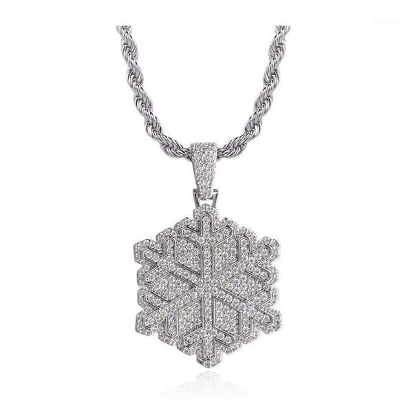 iced out chain 18k gold plated fully zirconia simulated diamond snowflake hip hop pendent necklace for men women1, Silver