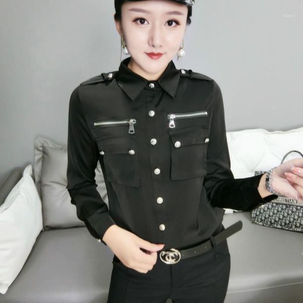 office lady women black satin shirts autumn shirt with pockets femme zipper women's blouses, White
office lady women black satin shirts autumn shirt with pockets femme zipper women's blouses, White