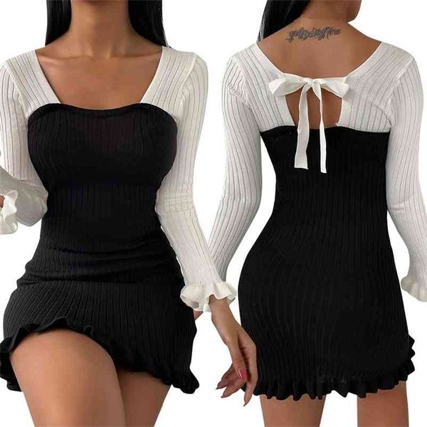 black white patchwork ruffles bodycon spring mini dress back bow tie elegant package hip slim short vestidos 210520, Black;gray
black white patchwork ruffles bodycon spring mini dress back bow tie elegant package hip slim short vestidos 210520, Black;gray