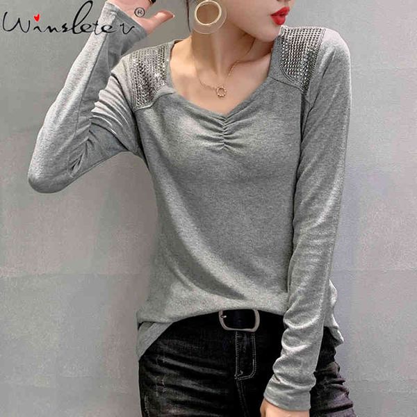 women's t-shirt fall winter european clothes t-shirt fashion v-neck shiny diamond patchwork women ropa mujer casual tees, White
women's t-shirt fall winter european clothes t-shirt fashion v-neck shiny diamond patchwork women ropa mujer casual tees, White