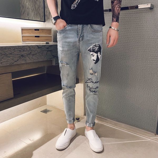 men's jeans wholesale ripped jeans men's trendy brand thin slim ankle length pants summer korean social people net red feet pencil, Blue
men's jeans wholesale ripped jeans men's trendy brand thin slim ankle length pants summer korean social people net red feet pencil, Blue