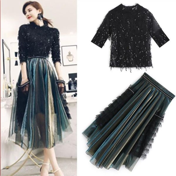 two piece dress spring and autumn women's skirt suit sequins fringed blouse irregular ruffled flowing ns218, White
two piece dress spring and autumn women's skirt suit sequins fringed blouse irregular ruffled flowing ns218, White