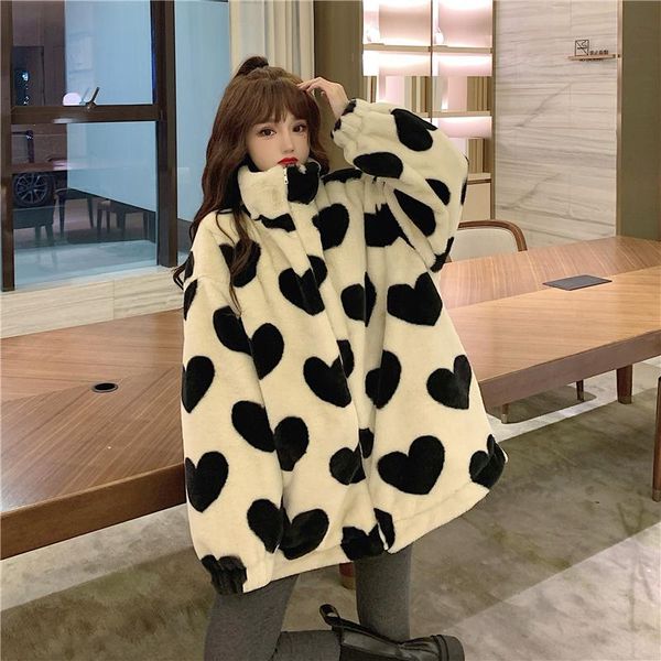 women's fur & faux autumn winter lamb fluffy jacket women korean fashion heart pattern oversized coat female kawaii zipper thick outwea, Black
women's fur & faux autumn winter lamb fluffy jacket women korean fashion heart pattern oversized coat female kawaii zipper thick outwea, Black