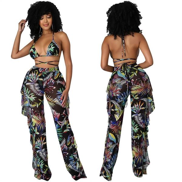 women's swimwear 2021 leaves print see through ruffle 3 piece bikini set women palm mesh swimsuit cover up pants bandage bra and panty, White;black
women's swimwear 2021 leaves print see through ruffle 3 piece bikini set women palm mesh swimsuit cover up pants bandage bra and panty, White;black