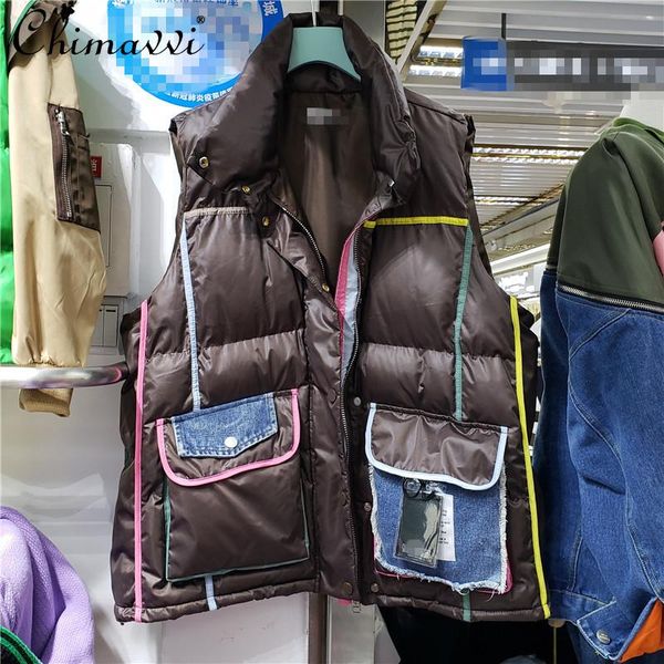 women's vests european 2021 winter female korean stitching denim parkas tank fashion large pocket color stripe down cotton vest, Black;white
women's vests european 2021 winter female korean stitching denim parkas tank fashion large pocket color stripe down cotton vest, Black;white