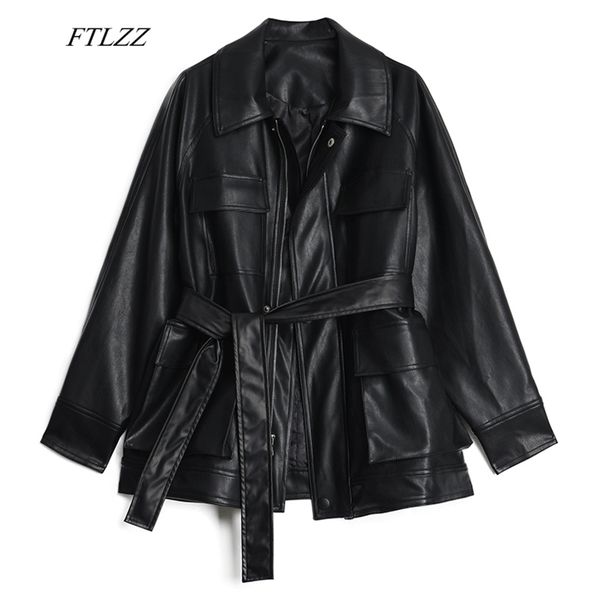 loose pu faux soft leather jacket women autumn vintage black punk zipper coats female sash tie up outwear 210430
loose pu faux soft leather jacket women autumn vintage black punk zipper coats female sash tie up outwear 210430