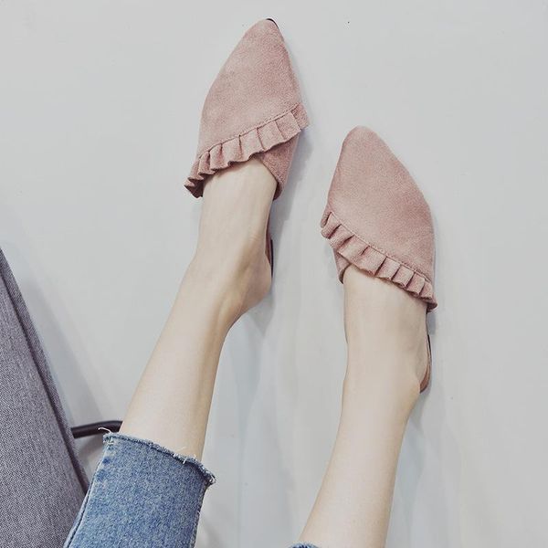 spring and summer thin flat heels pointed toe ruffled suede mules flat-bottomed women's sandals slippers, Black
spring and summer thin flat heels pointed toe ruffled suede mules flat-bottomed women's sandals slippers, Black