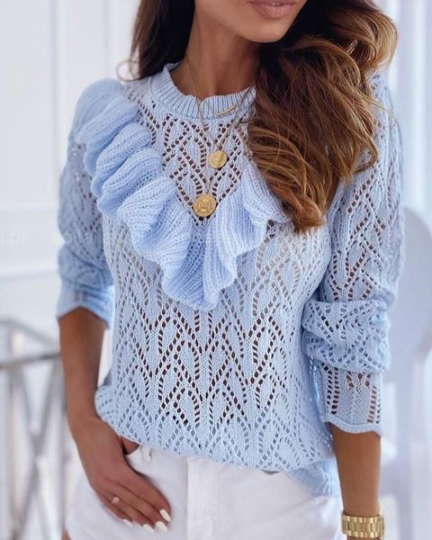 women's sweaters blue sweater women 2021 hollow out ruffle hem long sleeve, White;black 
women's sweaters blue sweater women 2021 hollow out ruffle hem long sleeve, White;black