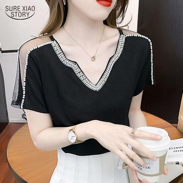 women's blouses & shirts stitching mesh short sleeve shirt casual summer elegant v neck blouse korean fashion beading t-shirt 15527, White
women's blouses & shirts stitching mesh short sleeve shirt casual summer elegant v neck blouse korean fashion beading t-shirt 15527, White