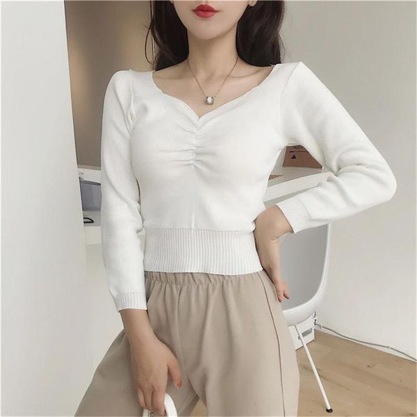 women long sleeve v-neck knitted shirts solid color pullover for work school casual wear women's sweaters, White;black
women long sleeve v-neck knitted shirts solid color pullover for work school casual wear women's sweaters, White;black