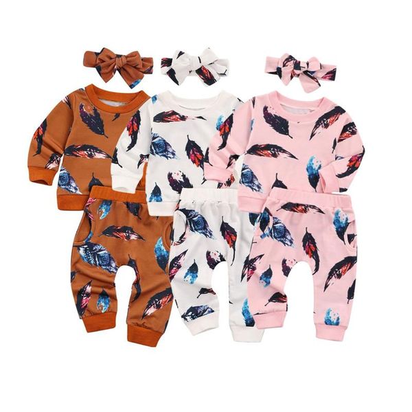 clothing sets 0-24m baby 3pcs spring fall set feather print boy clothes pullover elastic waist trousers headband girl, White 
clothing sets 0-24m baby 3pcs spring fall set feather print boy clothes pullover elastic waist trousers headband girl, White