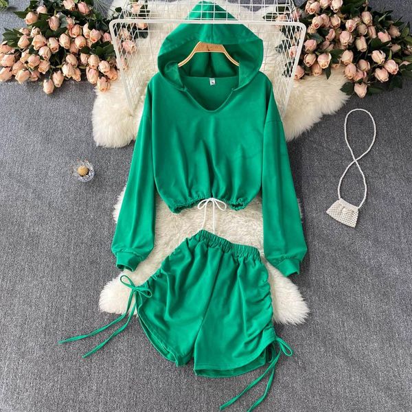 women's tracksuits autumn casual black/white/green drawstring two piece set women elegant hooded sweatshirt + shirring shorts female tr, Gray
women's tracksuits autumn casual black/white/green drawstring two piece set women elegant hooded sweatshirt + shirring shorts female tr, Gray