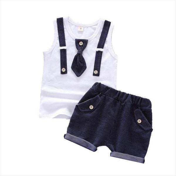 baby boy clothes summer children cotton gentleman stripe vest shorts 2pcs sets infant outfit kids fashion toddler tracksuits, White