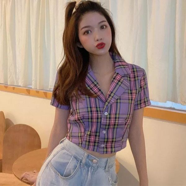 women's t-shirt plaid t shirt fashion casual lapel short sleeve 2021 summer single-breasted crop, White
women's t-shirt plaid t shirt fashion casual lapel short sleeve 2021 summer single-breasted crop, White