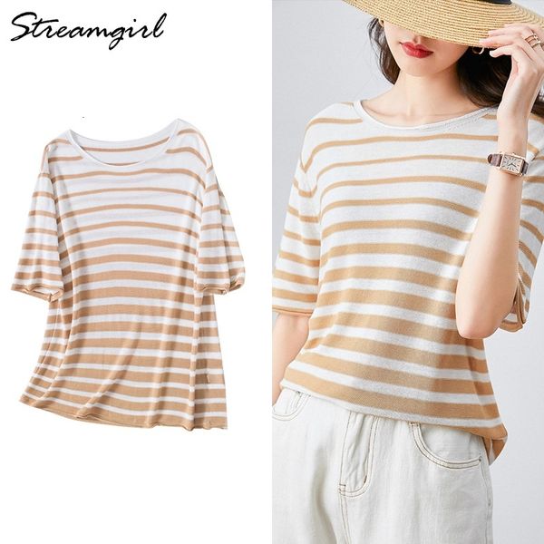 women's t-shirt striped shirt short sleeve cotton tshirt women summer office elegant loose t linen knit cepr, White
women's t-shirt striped shirt short sleeve cotton tshirt women summer office elegant loose t linen knit cepr, White