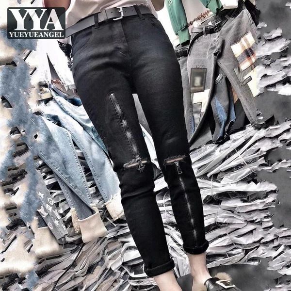 women's jeans high street hole ripped zipper women black waist elastic skinny pencil pants autumn fashion casual female denim, Blue 
women's jeans high street hole ripped zipper women black waist elastic skinny pencil pants autumn fashion casual female denim, Blue