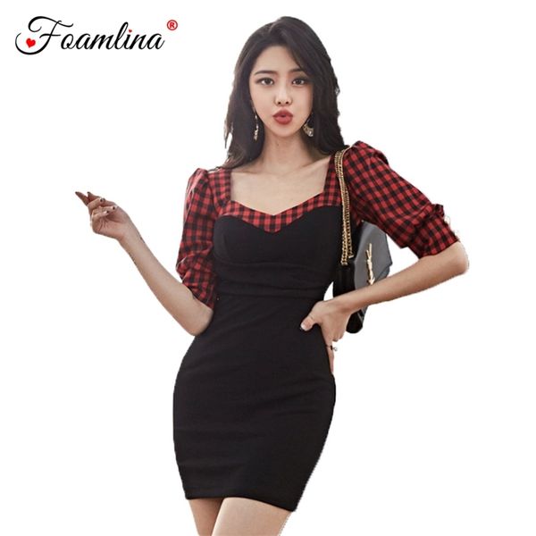 fashion spring summer plaid print patchwork bodycon dress square neck half sleeve slim club party 210603, Black;gray
fashion spring summer plaid print patchwork bodycon dress square neck half sleeve slim club party 210603, Black;gray