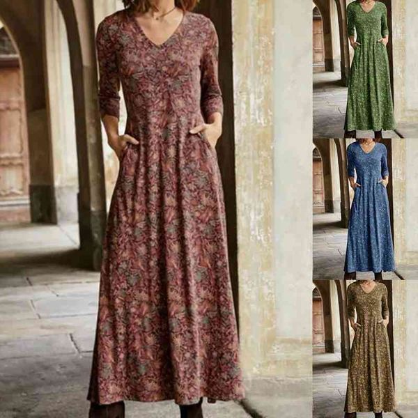 long floral print sleeve womens dresses a line autumn elegant vintage v neck winter boho, Black;gray
long floral print sleeve womens dresses a line autumn elegant vintage v neck winter boho, Black;gray
