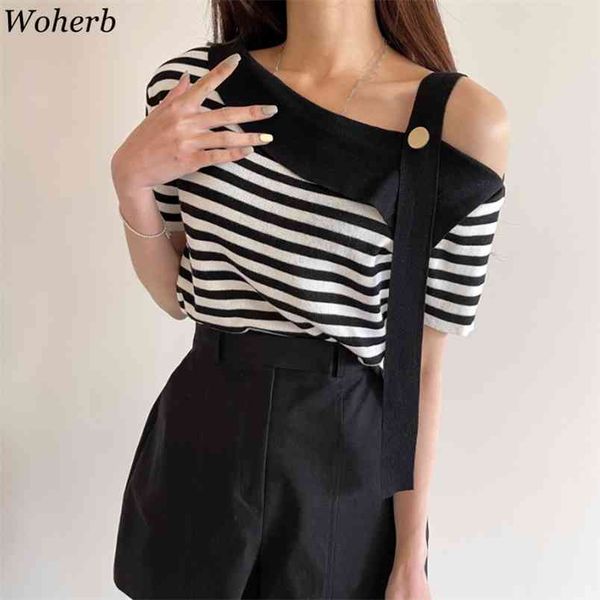shirts for women chic irregular striped knitted tshirt summer thin tees off shoulder vintage knitwear mujer 210519, White
shirts for women chic irregular striped knitted tshirt summer thin tees off shoulder vintage knitwear mujer 210519, White