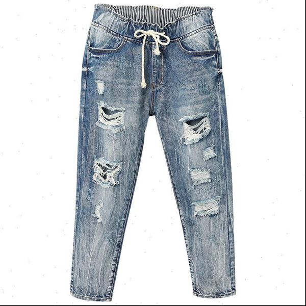 women fashion elastic jeans high waist hole casual street denim pants vintage nine points harem, Blue
women fashion elastic jeans high waist hole casual street denim pants vintage nine points harem, Blue