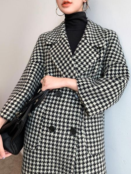 women's wool & blends albaca double-sided cashmere coat medium long alpaca high-end autumn and winter thickened thousand bird tweed, Black
women's wool & blends albaca double-sided cashmere coat medium long alpaca high-end autumn and winter thickened thousand bird tweed, Black