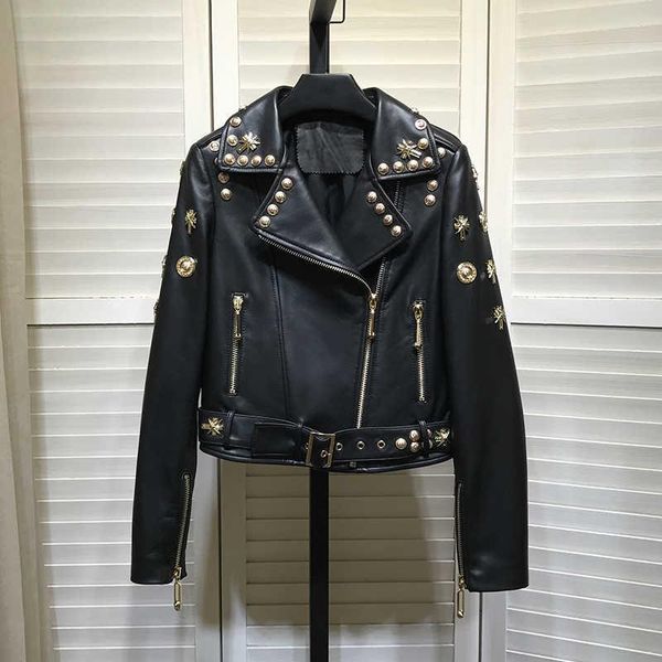 women's leather & faux 2021 chic autumn sheepskin moto&biker jackets rivets genuine coat c245, Black
women's leather & faux 2021 chic autumn sheepskin moto&biker jackets rivets genuine coat c245, Black