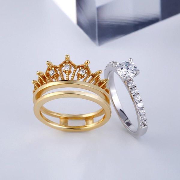 cluster rings 2pcs crown ring for women round cut wedding sets gold plated cubic zirconia engagement band fashion jewelry, Golden;silver
cluster rings 2pcs crown ring for women round cut wedding sets gold plated cubic zirconia engagement band fashion jewelry, Golden;silver