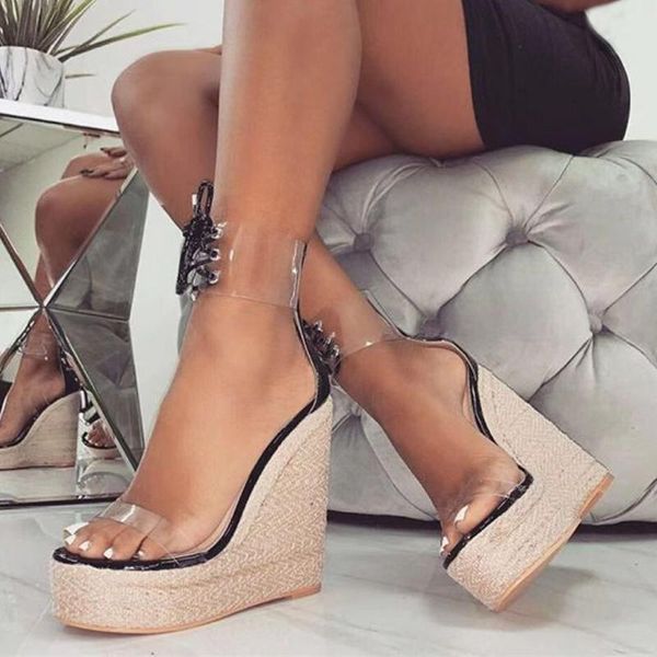 sandals ladies fashion pvc transparent ankle strap heels women open toe cross lace up zip platform wedges shoes size 35-42, Black
sandals ladies fashion pvc transparent ankle strap heels women open toe cross lace up zip platform wedges shoes size 35-42, Black