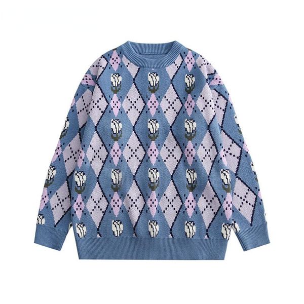 men's sweaters streetwear harajuku flower argyle knitted jumpers hip hop outerwear fashion knitwear casual top, White;black
men's sweaters streetwear harajuku flower argyle knitted jumpers hip hop outerwear fashion knitwear casual top, White;black