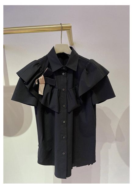 women's blouses & shirts ruffles trim women black blouse 2021 summer single-breasted ladies short sleeve outfit shirt and, White
women's blouses & shirts ruffles trim women black blouse 2021 summer single-breasted ladies short sleeve outfit shirt and, White