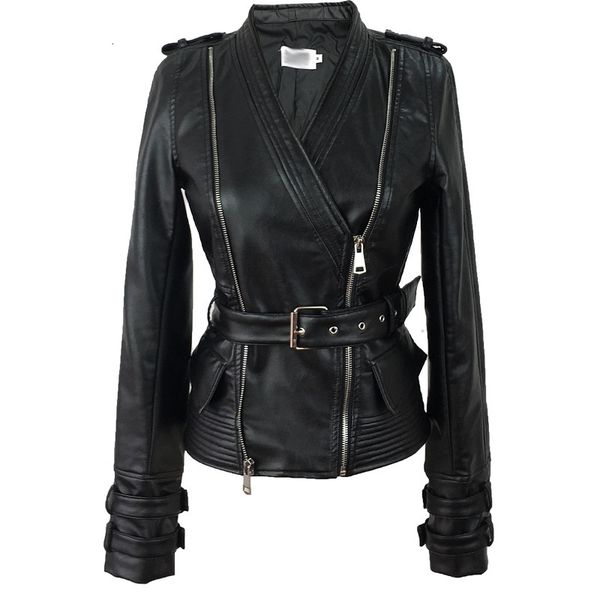 leather autumn winter women pu short slim jackets v-neck belt moto biker zipper elegant faux leather coats black white a183
leather autumn winter women pu short slim jackets v-neck belt moto biker zipper elegant faux leather coats black white a183