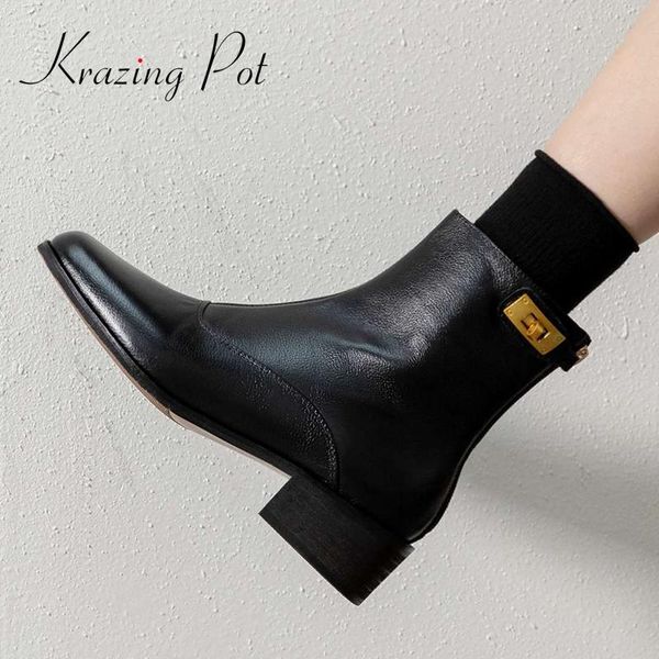 boots krazing pot handmade genuine leather round toe med heel metal decoration classic colors young lady ankle l59, Black
boots krazing pot handmade genuine leather round toe med heel metal decoration classic colors young lady ankle l59, Black