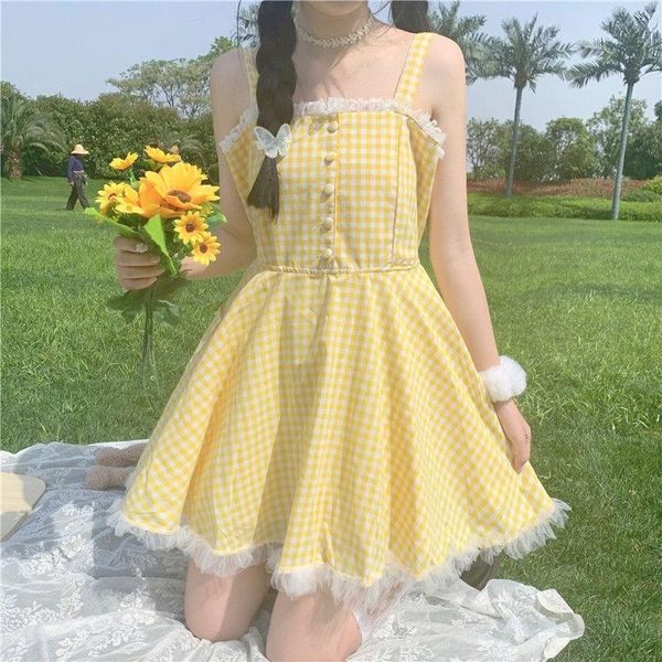 casual dresses summer kawaii lolita strap dress women patchwork lace japanese sweet cute mini yellow plaid fairy tale 2021, Black;gray
casual dresses summer kawaii lolita strap dress women patchwork lace japanese sweet cute mini yellow plaid fairy tale 2021, Black;gray