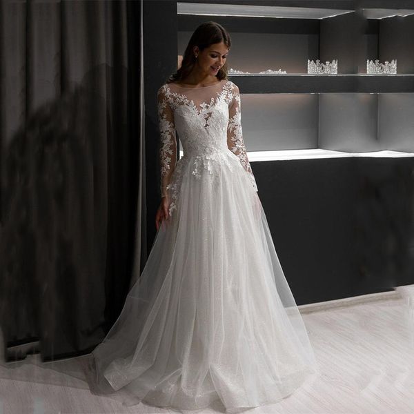 scoop neck long sleeves a line lace wedding dress appliqued sequins bridal gowns sweep train tulle plus size bride dresses, White
scoop neck long sleeves a line lace wedding dress appliqued sequins bridal gowns sweep train tulle plus size bride dresses, White