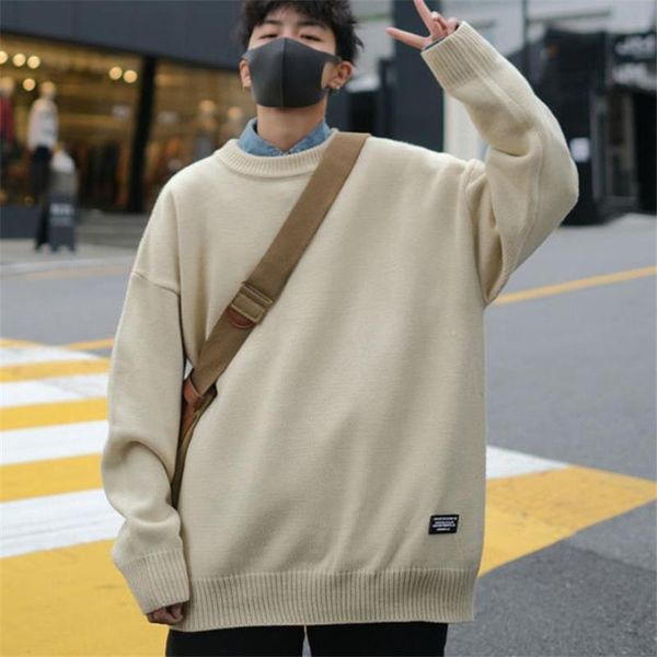 men's sweaters knitted sweater men autumn winter 2021 korean fashion streetwear wild o-neck pullover solid knitwear loose comfort, White;black 
men's sweaters knitted sweater men autumn winter 2021 korean fashion streetwear wild o-neck pullover solid knitwear loose comfort, White;black