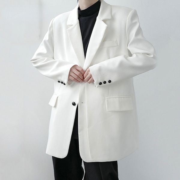 split fake two pieces men's white suit coat 2021 spring autumn new fashion casual loose asymmetric loose blazers, White;black
split fake two pieces men's white suit coat 2021 spring autumn new fashion casual loose asymmetric loose blazers, White;black