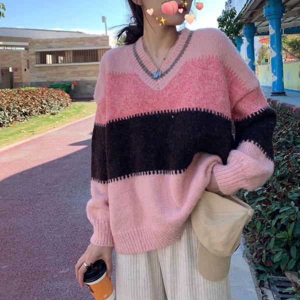women's sweaters pink v neck sweater female korean wind melting loose stripe autumn winter 2021 day fastens fashionable pullover, White;black
women's sweaters pink v neck sweater female korean wind melting loose stripe autumn winter 2021 day fastens fashionable pullover, White;black