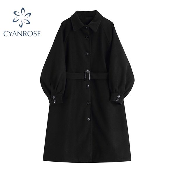 black woolen coat women long outwear high waist belt temperament jacket trench single breasted vintage lapel warm overcoat 210417
black woolen coat women long outwear high waist belt temperament jacket trench single breasted vintage lapel warm overcoat 210417
